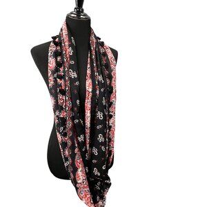Infinity Scarf Black Orange Paisley Bandana Print Tassel Trim Lightweight